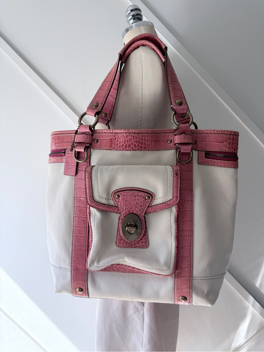 Coach Legacy Slim Tote Rare Pink Croc Embossed Leather Trim Canvas Bag Turnlock